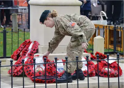  ?? ?? WREATH: Residents can pay their respects at a Remembranc­e service in their community this year