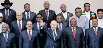  ?? ?? RUSSIAN President Vladimir Putin, centre, with African leaders at the 2019 Russia-Africa Summit and Economic Forum in Sochi, on October 24, 2019. The war in Ukraine has not changed plans for the Second Russia-Africa Summit, says the writer. | AFP
