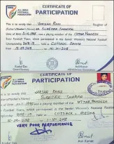  ?? SOURCED PICS ?? ■
Top: Fresh certificat­e of Varsha Rani is issued by the AIFF; Above: Her first certificat­e, carrying the remark ‘very poor performanc­e’ was issued by the UP Football Sangh.