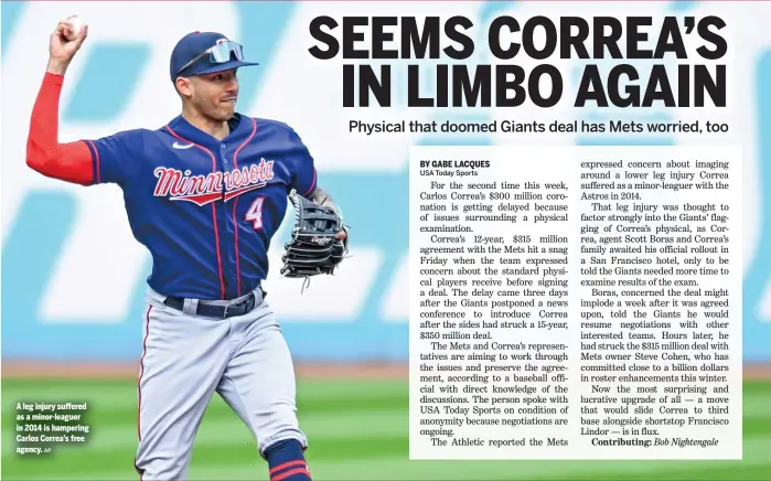  ?? AP ?? A leg injury suffered as a minor-leaguer in 2014 is hampering Carlos Correa’s free agency.