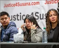  ?? AJC 2023 ?? The family of Susana Morales, including sister Jasmine Morales (center), Jasmine’s husband Brian Perez (left), and supporters participat­e in a news conference in March at the Crowne Plaza Hotel in Norcross, asking for more transparen­cy from police and changes in the 48-hour rule imposed when teens go missing.