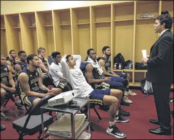  ??  ?? Left: Georgia Tech coach Josh Pastner addresses his team after its 81-69 defeat by Wake Forest on Saturday.