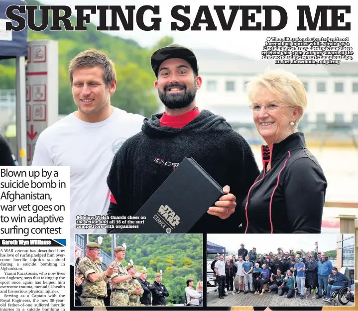  ??  ?? Below, Welsh Guards cheer on the action and all 16 of the surf competitor­s with organisers Yianni Karakousis (centre) suffered horrendous injuries while serving as a Captain in the Army - he is pictured here receiving his Open Category award at the...