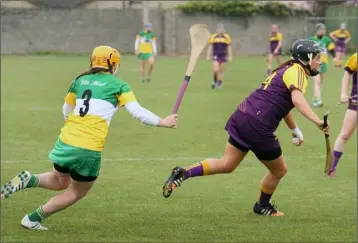  ??  ?? Una Leacy of Wexford breaks away from Offaly’s Jean Brady.