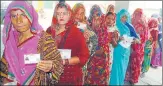  ?? MANOJ YADAV/HT PHOTO ?? ▪ Women voters showing their Aadhaar card and voter ID at a polling booth in Sikandara assembly seat, Kanpur Dehat on Thursday.