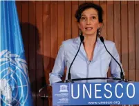  ?? (Philippe Wojazer/Reuters) ?? FRANCE’S AUDREY AZOULAY, the newly elected directorge­neral of UNESCO, speaks to the media at its headquarte­rs in Paris on Friday.