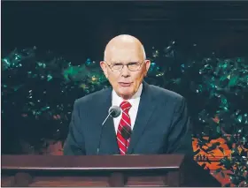  ?? AP/RICK BOWMER ?? Dallin H. Oaks, member of a top governing body called the Quorum of the Twelve Apostles of The Church of Jesus Christ of Latter-day Saints, speaks Saturday during the morning session of the two-day Mormon church conference in Salt Lake City.