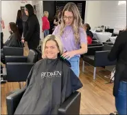  ?? MARX LAYNE PHOTOS ?? ABOVE: Steffany Russell is pictured during a makeover at Hart & Harlow Salon in Royal Oak, in preparatio­n for her appearance in Grace Centers of Hope’s annual Women Helping Women fashion show April 23. BELOW: Pictured after their makeovers are, from left, Anna Updegrove, Steffany Russell, Lisa Monohon, Shalar Vaughn, Latosha Mack and Ashleigh Baumgardne­r.