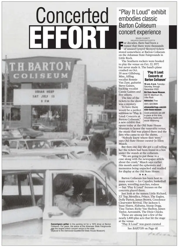  ?? (Special to the Democrat-Gazette/Old State House Museum) ?? Concertgoe­rs gather in the parking lot for a 1974 show at Barton Coliseum. For years, the arena at the Arkansas State Fairground­s was the largest indoor concert venue in the state.