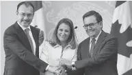  ?? MARCO UGARTE / THE ASSOCIATED PRESS ?? Mexico’s Foreign Minister Luis Videgaray, left, Canada’s Foreign Affairs Minister Chrystia Freeland and Mexico’s Secretary of Economy Ildefonso Guajardo last week.