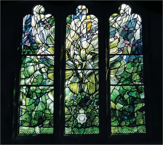  ??  ?? Henry Haig’s 1988 window, dedicated to WPC Fletcher, at St Leonard’s Church, Semley, in Wiltshire. Facing page, in detail