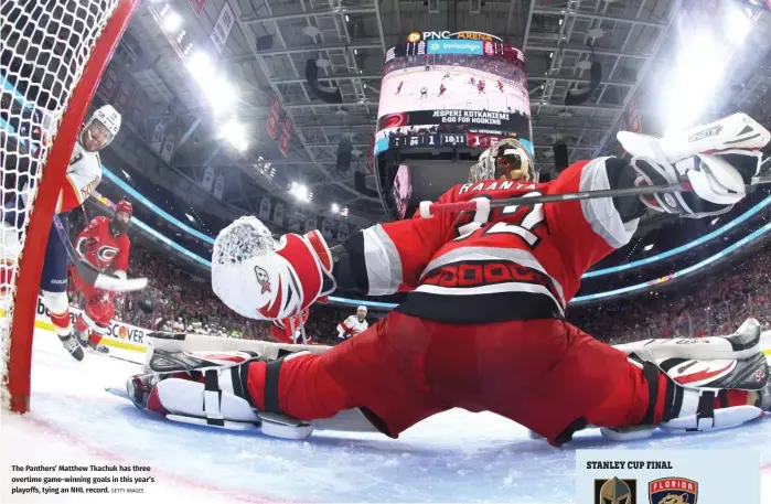  ?? GETTY IMAGES ?? The Panthers’ Matthew Tkachuk has three overtime game-winning goals in this year’s playoffs, tying an NHL record.