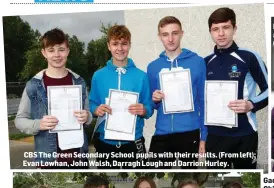  ??  ?? CBS The Green Secondary School pupils with their results. (From left): Evan Lowhan, John Walsh, Darragh Lough and Darrion Hurley.
