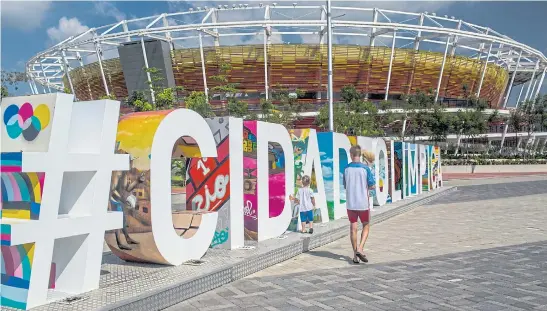  ??  ?? SAD REMINDER: The colourful Olympic City sign. Empty Olympic buildings abound, puncturing any uplifting buzz from the competitio­ns last summer.