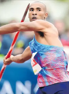  ?? AFP/GETTY IMAGES ?? Canadian decathlete Damian Warner prepares to launch a javelin at Decastar last weekend in Talence, France. He placed only ninth in the event, but won the decathlon, his score of 8,252 besting second-place finisher Kai Kazmirek of Germany by 232 points.