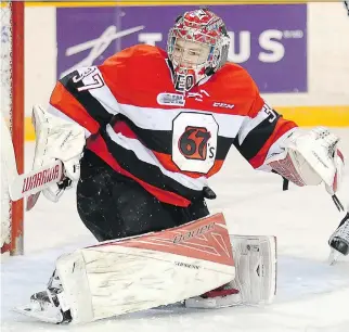  ?? WAYNE CUDDINGTON ?? Ottawa 67’s goalie Leo Lazarev turns away a shot against the Peterborou­gh Petes in OHL action at TD Place Arena on Wednesday. The 67’s are in sixth place in the East, two points ahead of Niagara.