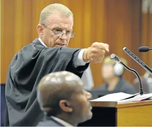  ?? Picture: HERMAN VERWEY/REUTERS ?? TAKING AIM: Prosecutor Gerrie Nel addresses the court during the trial of Oscar Pistorius in the High Court in Pretoria this week