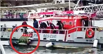  ??  ?? Ordeal: Ms Cristea, circled, is pulled from the River Thames by a fire rescue boat