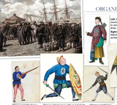  ??  ?? Chinese matchlockm­an
Chinese infantryma­n with round shield
Left: Chinese mounted archer in ceremonial dress
Right: Manchurian archer
Chinese swordsman
Above:
Right: