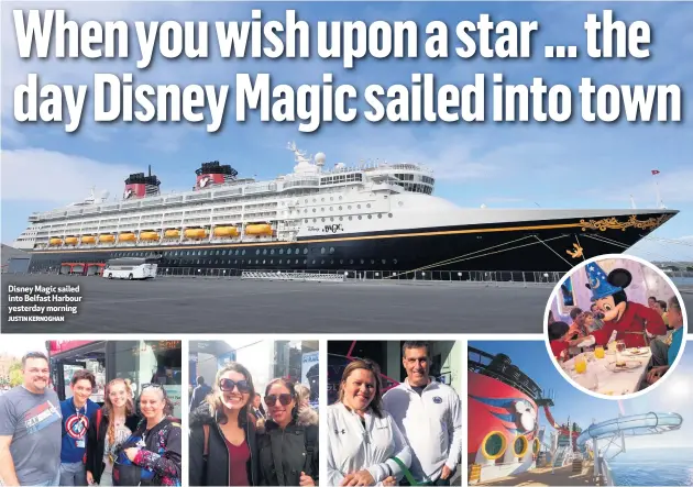  ?? JUSTIN KERNOGHAN ?? Disney Magic sailed into Belfast Harbour yesterday morning
From left, Dan and Gwen Trojanowsk­i from California with children Caleb and Samantha, Erica and Izchen from Mexico, and Aubrey and John from Maryland’s Pennsylvan­ia
