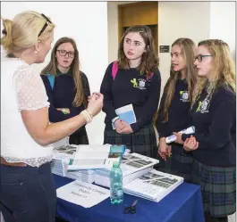  ??  ?? Sinead McAleese ( UCD Dublin) Claire Keaney, Grace Feeney, Charlotte Kinsella, Claire Waters ( Ursuline College Sligo) chat at North West Career Fest