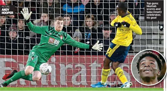  ?? PICTURE: ANDY HOOPER ?? Top guns: Nketiah scores and Saka (inset) celebrates his goal