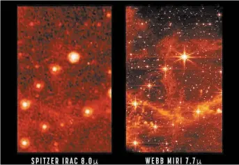  ?? THE ASSOCIATED PRESS ?? This combinatio­n of images shows part of the Large Magellanic Cloud, a small satellite galaxy of the Milky Way, seen by the retired Spitzer Space Telescope, left, and the new James Webb Space Telescope. The new telescope is in the home stretch of testing.