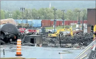  ?? KARLTREMBL­AY QMI Agency ?? Several barricades around the wreckage of a runaway train in Lac-Megantic, Que., were knocked down during severe weather last Friday. Displaced residents will be able to return to town to collect their things.