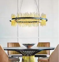  ?? HUBBARDTON FORGE ?? Vertical spires of gold surround the Gossamer circular pendant from Hubbardton Forge like a halo. They pierce through an LED light guide platform embedded in the central frame, creating an ethereal wash of up-and-down light.