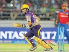  ?? PTI ?? Kolkata Knight Riders captain Gautam Gambhir plays a shot in Rajkot on Friday.