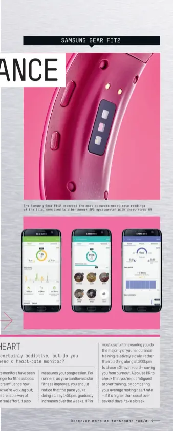  ??  ?? The Samsung Gear Fit2 recorded the most-accurate heart-rate readings of the trio, compared to a benchmark GPS sportswatc­h with chest-strap HR SAMSUNG GEAR FIT2