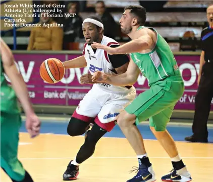  ?? Photo: Domenic Aquilina ?? Josiah Whitehead of Gzira Athleta (L) challenged by Antoine Tanti of Floriana MCP Carparks.