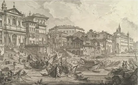  ??  ?? 2. The smaller harbour, called the Porto di Ripetta (Veduta del Porto di Ripetta), c. 1753, Giovanni Batista Piranesi (1720–78) etching, 39.7 × 59.3cm. Metropolit­an Museum of Art, New York