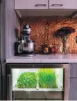  ??  ?? The modern kitchen has a hammered-copper backsplash found on Etsy and an Urban Cultivator.