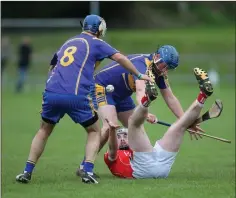  ??  ?? Carnew’s Dan Nolan and Mark Collins bring Aaron Meade’s attack to an end.