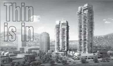  ?? Contribute­d ?? This drawing shows what Kelowna’s two tallest buildings, at 27 and 35 storeys, would look like at the intersecti­on of Water Street, Sunset Drive and Ellis Street.