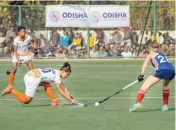  ?? PIC/PTI ?? Players of India A and France A women's hockey teams in action in Gorakhpur, Sunday