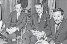  ??  ?? Haynes, right, successful­ly defended Dr. John R. Hill, center, in the 1969 death of his socialite wife Joan Hill. At left is attorney Donn C. Fullenweid­er.