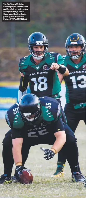  ?? TALE OF HALVES: Cairns Falcons players Thomas Ross and Sam Bull set up for a play during Saturday’s North Queensland Gridiron Series game against Townsville. Picture: STEWART MCLEAN ??