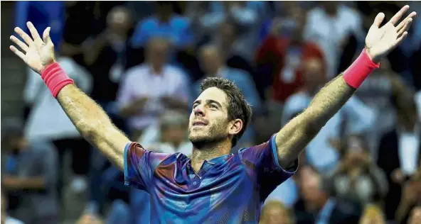  ??  ?? Reuters Juan Martin del Potro of Argentina celebratin­g his win against Roger Federer of Switzerlan­d in the quarter-finals on Wednesday. — In a different league: