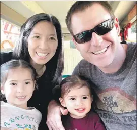  ??  ?? TRISTAN BEAUDETTE, 35, pictured with his wife, Erica Wu, and their two daughters, was fatally shot while camping at Malibu Creek State Park in June.