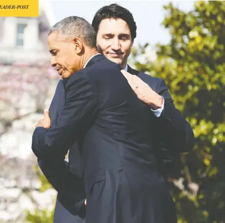  ?? JIM WATSON / AFP / GETTY IMAGES FILES ?? Then-president Barack Obama embraces Justin Trudeau on the South Lawn of the White House during the prime minister’s state visit in March 2016.