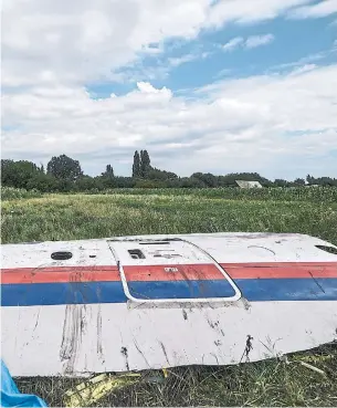  ?? BULENT KILIC AFP/GETTY IMAGES FILE PHOTO ?? A piece of the wreckage of the Malaysia Airlines flight MH17 lays in a field near the village of Hrabove in the Donetsk region. All 298 passengers and crew died in the 2014 crash.