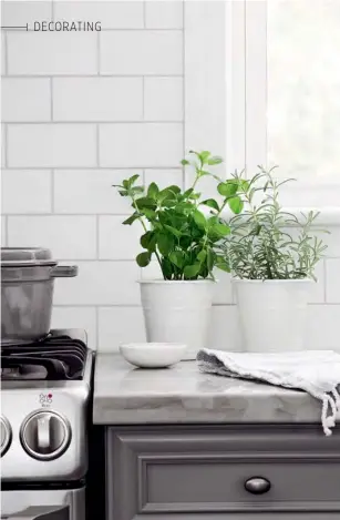  ??  ?? LEFT Janet did the backsplash tile work herself. “It’s easy to do a brick pattern like this,” she says. “But for pro-looking results, splurge on a quality tile cutter.” White walls and herb pots offset the muted grey cabinetry and the warm tones in the...