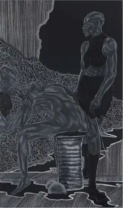  ??  ?? 3. This is How You Were Made; Final Stages from A Countervai­ling Theory, 2019, Toyin Ojih Odutola, charcoal, pastel and chalk on linen over Dibond panel, 213.4 × 127cm