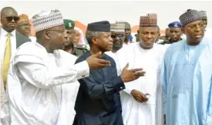  ??  ?? From left: Director-General NEMA, Engr. Yunusa Maihaja; Acting President Yemi Osinbajo; Gov. Kashim Shettima 0f Borno State; and Bauchi State Governor, Mohammed Abubakar, during the inaugurati­on of the Federal Government’s Emergency Food Interventi­on...