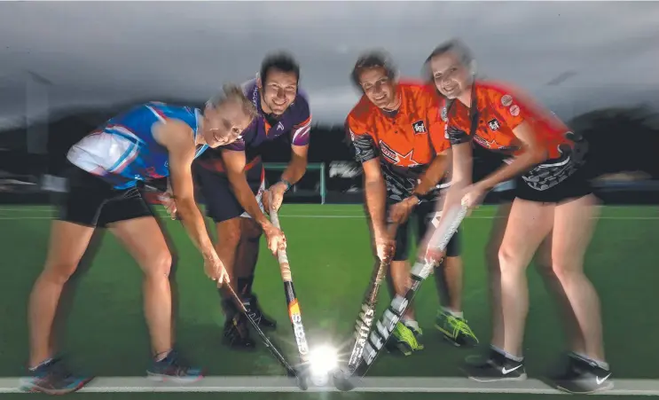  ??  ?? PRESSURE’S ON: Rhylee Pendrigh (Saints), Rohan Sparkes (Stingers), Rod Whipp (Souths) and Caitlyn Whipp (Souths) prepare for this weekend’s hockey grand finals. Picture: JUSTIN BRIERTY