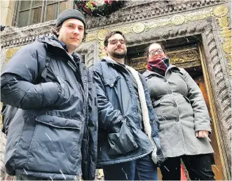  ?? CHRISTOPHE­R REYNOLDS/THE CANADIAN PRESS ?? Guillaume Laurin, left, Patrice Laliberté and Julie Groleau are part of an upstart filmmaking team selected to make the first Netflix original feature film in Quebec. The streaming giant has said it will spend more than $500 million on Canadian production­s.