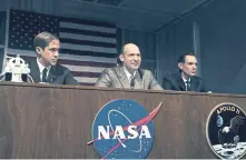  ??  ?? THE RIGHT STUFF: Ryan Gosling, Corey Stoll and Luke Haas, from left, face the media as astronauts Neil Armstrong, Buzz Aldrin and Mike Collins.