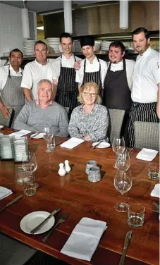  ?? Photo: Bev Lacey ?? CELEBRATIN­G: Encores Restaurant owners Mark and Meredith Rawlings (front) with their staff (from left) Alexander Omar Ibrahim, Clayton Costigan, Milo Rosetti, Oliver Brown, Samuel Riis and Stuart Parker.